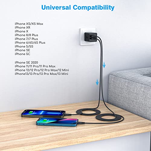 Ultra-Fast i Phone Dual Port Charger Set – 6 FT Lightning Cable & Compact Wall Plug Adapter for i Phone 14, 13, 12, 11 Pro Max, XS, X, 8, 7 Plus, SE & i Pad – Quick Charge Technology for Seamless Power on the Go