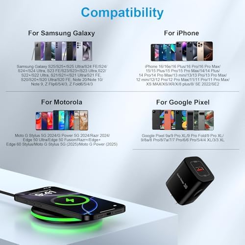 15 W High-Speed Android Wireless Charging Pad with QC Adapter for Google Pixel 9, Samsung Galaxy S25 Series, and Motorola Devices – Anti-Slip Design and Universal Compatibility for Effortless Charging Experience Experience the convenience of rapid wireless charging with our 15 W Android Wireless Charger, engineered for optimal performance with Google Pixel 9, Samsung Galaxy S25 Ultra, and a range of Motorola devices. This charging pad features an anti-slip surface and base, ensuring stability during charging, even with incoming notifications. Equipped with a QC3.0 power adapter, it supports multiple charging modes (5 W, 7.5 W, 10 W, and 15 W) for versatile compatibility, making it ideal for i Phone 16 and other smartphones. Safety is paramount; our charger includes overheating protection, foreign object detection, and short circuit prevention. The case-friendly design accommodates cases up to 5 mm thick, while the intelligent LED indicator provides real-time charging status. Lightweight and space-saving, this charging solution is perfect for home or office use. Included in the package are a 15 W wireless charging pad, QC3.0 adapter, and a 3 ft USB-C cable, backed by a 12-month warranty for peace of mind. Elevate your charging experience today!