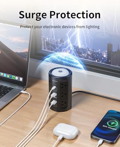 Smart Power Strip Tower with Integrated Night Light & Surge Protection – 10 FT Extension Cord Featuring 12 AC Outlets, 3 USB-A and 2 USB-C Ports for Home Office & Dorm Room Convenience – Sleek Black Design for Enhanced Versatility and Clutter-Free Organization