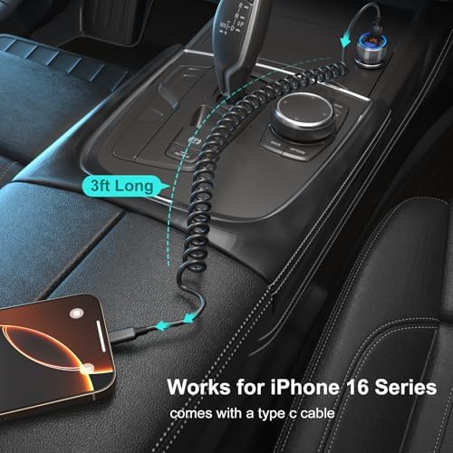 4-Port Fast Charging Car Charger for i Phone 16 & 15 Pro Max – Besgoods USB-C Adapter with Integrated Voltmeter & 3 ft Retractable Cable for Galaxy S24 & A15 Android – Ultimate Travel Charging Solution