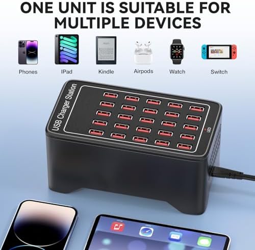 125 W 25-Port USB Charging Hub for Multiple Devices – Fast Charging Station for i Phone, i Pad, Tablets & Apple Watch – Universal Compatibility with Enhanced Safety Features – Ideal Family Charging Dock for Home & Office
