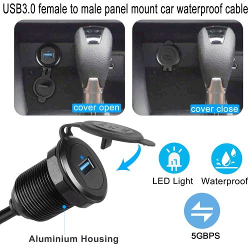 QIANRENON 5 Gbps USB 3.0 Waterproof Panel Mount Extension Cable with LED Indicator – Durable Aluminum Housing for Cars, Boats, and Motorbikes – 2 M (6.5 ft) High-Speed USB Connector for Secure and Reliable Connectivity