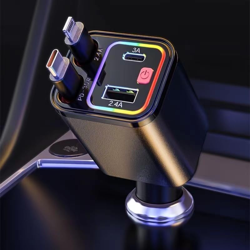 Revolutionary 2025 Micro-Version 4-in-1 Retractable Car Charger – 69 W Fast Charging USB C Adapter for i Phone 16/15/14/13, Samsung Galaxy, i Pad, Pixel – Ultimate Convenience with Tangle-Free Design and Enhanced Compatibility for All Your Devices