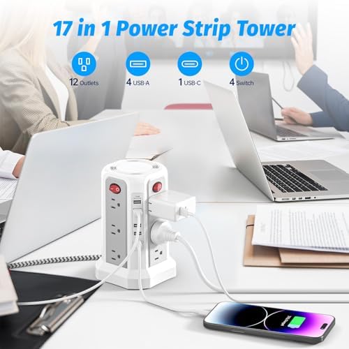 Revolutionize Your Charging Experience: 10 FT Surge Protector Power Strip Tower with 16 Outlets & 4 USB Ports – Efficient Desk Charging Station for Home, Office, or Dorm Room – Ultimate Space-Saving Solution with Robust 1625 W Power Output and Enhanced Safety Features