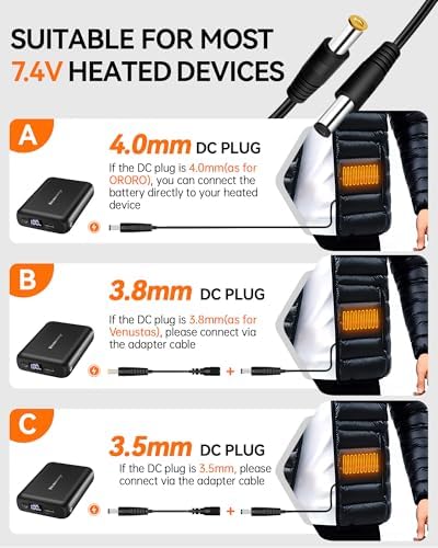 High-Performance 18400 m Ah 7.4 V Heated Vest Battery Pack – Compatible with ORORO & Venustas, LED Display Power Bank for Extended Warmth & Safety Protection, Includes Dual Adapter Cables for Seamless Connectivity, Ideal for Cold Weather Gear