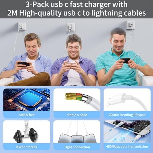 Ultimate 20 W USB C Power Adapter Set for i Phone 14, 13, 12 & 11 – Triple Pack Fast Charging Solution with 6 FT Type-C to Lightning Cables – Ideal for Home, Office, and Travel Efficiency – Overheat Protection & Enhanced Compatibility for All USB-C Devices