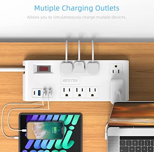BESTEK 8-Outlet Power Strip with 5-Foot Extension Cord: Multi-Port USB Charging Hub Featuring 3 USB-A (2.4 A) & 1 USB-C (3 A) | 1625 W Max Output with 600 Joule Surge Protection for Enhanced Device Safety | Ultra-Compact Design for Home & Office Efficiency