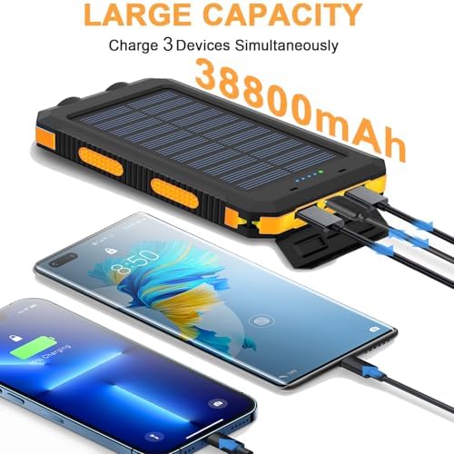 Ultimate 38800 m Ah Waterproof Solar Power Bank – Fast Charging Type-C Portable Charger for All Devices with Triple Output and LED Flashlight – Essential for Outdoor Adventures, Camping, and Travel