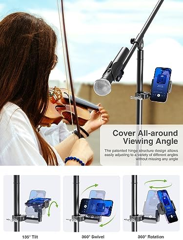 elitehood 360 Swivel Tilt Phone Holder and Mount, Adjustable for Music Boom Mic and All iPhone, Android Cell Phone – Enhanced Compatibility and Speed