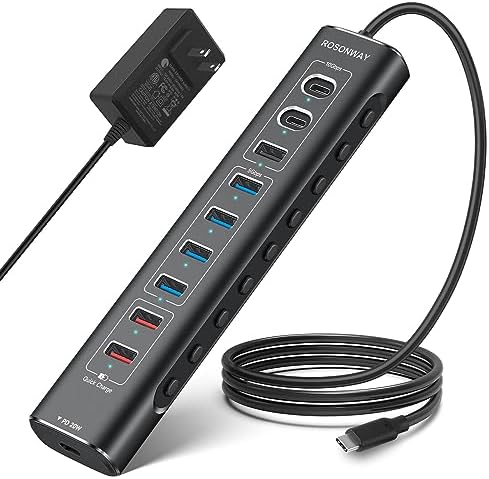 Maximize Your Device Connectivity with Rosonway 10-Port USB 3.2 Hub – Ultra-Fast 10 Gbps Data Transfer, 60 W Fast Charging, Sleek Aluminum Design for Enhanced Productivity on Laptops and PCs