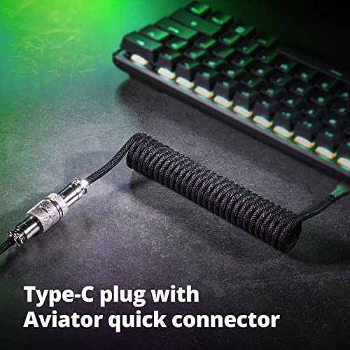 GUNMJO Pro Custom Coiled USB C Cable for Gaming Keyboards – Premium Double-Sleeved Mechanical Keyboard Accessory with Detachable Metal Aviator, 1.5 m USB-C to USB-A in Sleek Carbon Black – Ultimate Speed, Durability, and Aesthetic Upgrade for Gamers