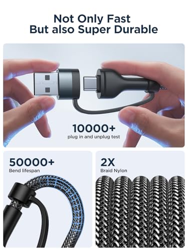 Universal 4-in-1 Multi-Device Charging Cable [2-Pack, 6.6 FT] – 60 W Fast Charging Nylon Braided Lightning & USB-C Cords for i Phone, i Pad, Samsung Galaxy, Mac Book & More – Durable & Tangle-Free Solution for Efficient Powering