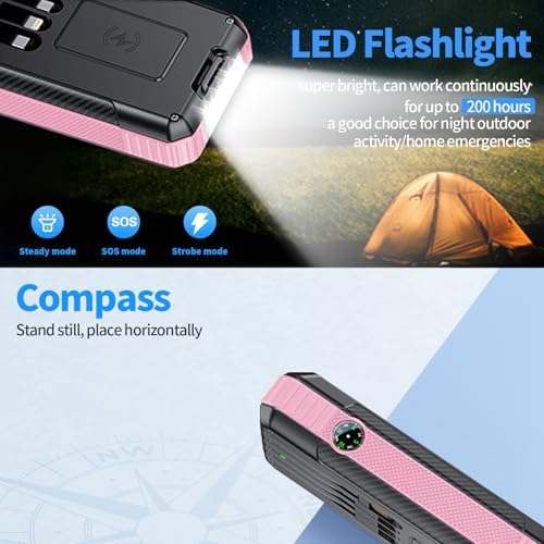 Ultimate Solar Power Bank – 33,800 m Ah Wireless Charger with 4 Built-in Cables & 7 Outputs, 22.5 W Fast Charging for Outdoor Adventures – LED Camping Lights, Weather-Resistant Design, Compatible with All Mobile Devices – Eco-Friendly Portable Charger in Red