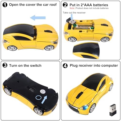 Sleek Yellow Wireless Car Mouse – Cool Sports Car Design for Enhanced Precision with 1600 DPI Optical Technology | Lightweight & Portable USB Receiver Mouse for Laptops, PCs, and Travel | Perfect Gift for Tech Lovers and Professionals