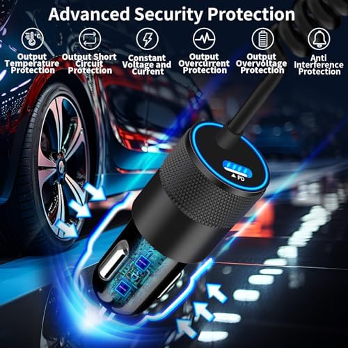 Rombica 105 W MFi Certified Dual USB-C & USB-A Fast Car Charger for i Phone 16 Pro Max – Ultimate Portable Power Solution with 6 FT Coiled Type-C Cable for Rapid Charging on the Go, Perfect for Road Trips and Daily Commuting