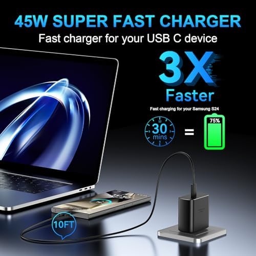 45 W Super Fast USB-C Charger for Samsung Galaxy | Dual Port Fast Charging Block with 10 FT Cable | Ultimate Compatibility for Galaxy S25/S24/S23/S22 Series | Efficient, Reliable, and Travel-Friendly Charging Solution
