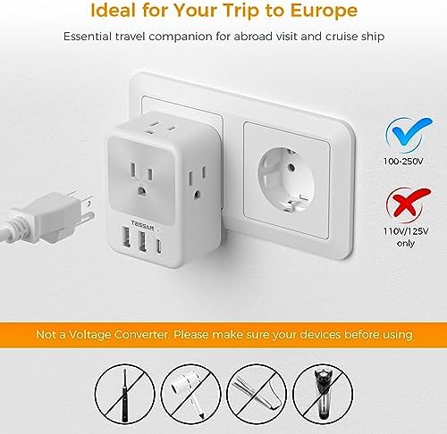 TESSAN Universal Travel Outlet Adapter: 2-Prong to 3-Prong Converter with 4 AC Outlets & 3 USB Ports (1 USB-C) – Essential Power Solution for Global Travelers in Japan, Canada, Mexico, Philippines & China – Maximize Device Charging Efficiency While Ensuring Safety & Compatibility