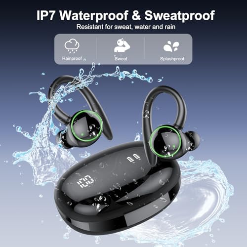 Ultimate Wireless Earbuds with Bluetooth 5.3 – Sport-Ready Headphones Featuring Advanced ENC Noise Cancellation, 48-Hour Battery Life, Secure Fit Earhooks, Deep Bass Sound, and IP7 Waterproofing for Peak Performance – Sleek Black Design for Active Users