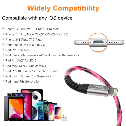 Vibrant LED Lightning Charging Cable for i Phone – MFi Certified 6 FT Fast Charge USB Cord with Dynamic RGB Light-Up Feature for Enhanced Compatibility and Performance with i Phone 14, 13, 12, 11 Pro Max, XR, X, SE, 8 Plus, i Pad, and i Pod – Durable and Stylish Tech Accessory for Home and On-the-Go Charging