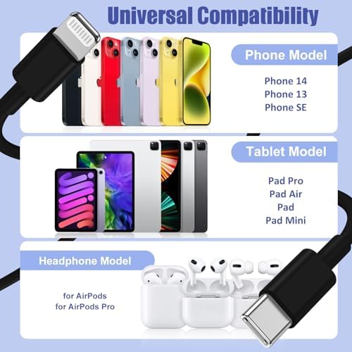 Premium 4 Pack USB C to Lightning Charging Cables – 6 FT Fast Charging Cord for i Phone 14 & Earlier Models – Durable, High-Performance Replacement for Apple Charger – Enhanced Compatibility for Quick Charge Needs – Perfect for Home, Office, and Travel Use