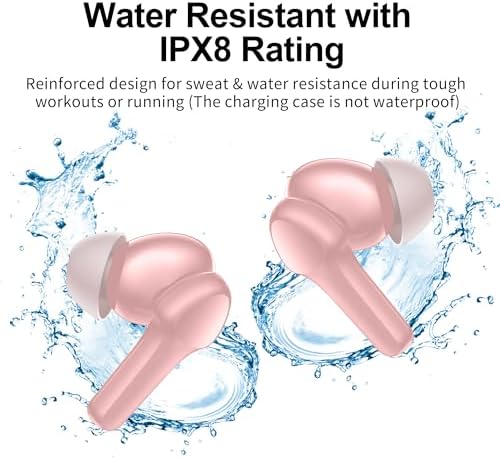 Advanced Bluetooth 5.3 Wireless Earbuds – High-Fidelity Sound with Enhanced Deep Bass, IPX8 Waterproof Rating for Ultimate Durability, Superior Noise Cancelling with 4 Microphones, Chic Pink Aesthetic, Ideal for i OS & Android Workouts or Everyday Listening
