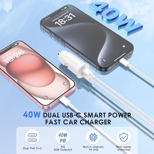 Cabepow 40 W Dual USB-C Car Charger for i Phone 15 Series & i Pad Pro – Rapid Dual-Port Fast Charging Adapter with 2 x 6 FT USB-C Cables for Enhanced Device Compatibility & On-the-Go Power Solutions