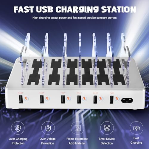 Multi-Device Charging Station with 6 USB Ports – Fast Charger Hub for i Phone, i Pad, and Tablets, Includes 6 Mixed Cables, Sleek Silver Design for Home and Travel Use – Universal Compatibility and Efficient Power Delivery