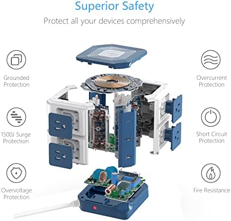 BESTEK Multi-Outlet USB Power Hub with Wireless Charging Station – 8 AC Outlets & 6 USB Ports (40 W) Surge Protector | 1500 Joules ETL Listed for Safe Use – Ideal Dorm Room Essential & Home Office Accessory in Sleek Black Finish