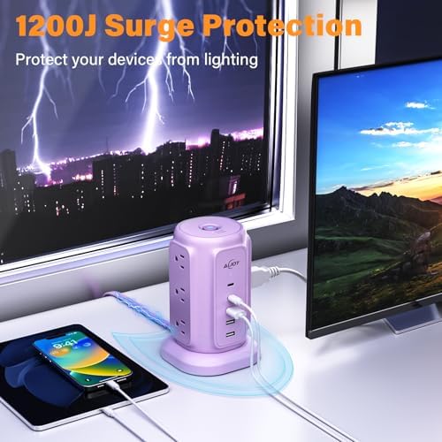 Maximize Your Power Potential with Ai Joy’s Space-Saving Flat Plug Power Strip Tower – 9 Outlets & 5 USB Ports (2 USB-C) for Rapid Charging, 1200 Joules Surge Protection, 6.5 Feet Extension Cord – Ideal for Home, Office, and Dorm Use – Durable, Efficient, and Compact Design for Uncluttered Charging Solutions