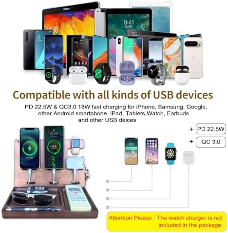 Wooden USB Charging Station for Multiple Devices – Fast Charging Dock with QC3.0 & PD 22.5 W Type-C for i Phone, Samsung, Google Android, Smartwatch, and Earbuds – Perfect Gift for Tech-Savvy Men – Stylish Organization & Enhanced Compatibility