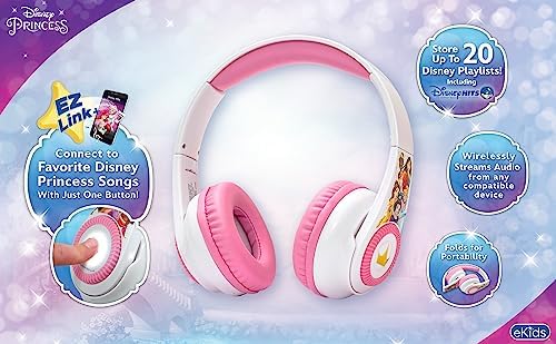 Magical Disney Princess Wireless Bluetooth Headphones for Kids – Comfortable On-Ear Earphones with Built-in Microphone and EZ Link+ Technology for Interactive Learning, Travel, and Play – Safe Volume Limit and Durable Design for Young Music Lovers