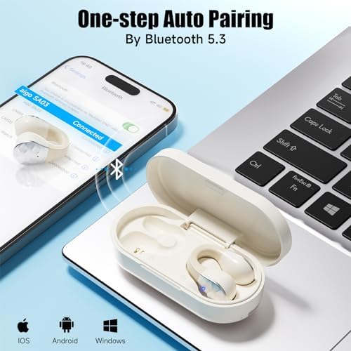Elevate Your Fitness Journey with aigo Wireless Open Ear Earbuds – Ultra-Lightweight Bluetooth Clip-On Headphones for Active Lifestyles, Enhanced Situational Awareness, Built-In Mic for Hands-Free Calls, and Convenient Wireless Charging in Chic Off White Design – Perfect for Runners, Gym Enthusiasts, and Outdoor Workouts
