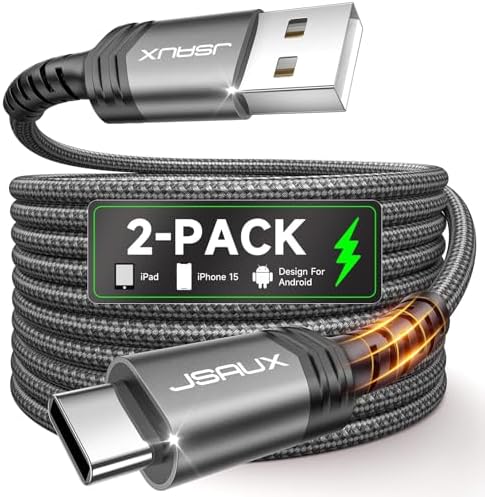 Experience Unmatched Charging Speed with JSAUX 10 ft USB C Cable 2-Pack – High-Speed USB A to USB C Charger Cord, 3.1 A Fast Charging for i Phone 15 Series, Samsung Galaxy S20/S10/S9, Note 20/10, and LG G8/G7 V30 – Ultimate Durability and Compatibility for Modern Devices