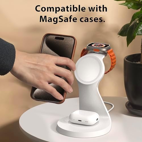 Revolutionize Your Charging Routine with the 3-in-1 Magnetic Wireless Charging Station for Apple Devices – Fast Mag-Safe Dock for i Phone 16/15/14/13, Air Pods, and Apple Watch – Compact, Sleek Design for Effortless Use and Optimal Speed – White Finish for Modern Aesthetics