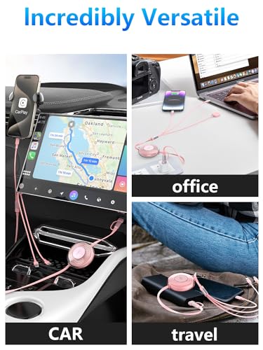 Versatile 3-in-1 Retractable Multi Charging Cable – 100 W USB-C Fast Charger for i Phone 15, 14, 13 & Samsung Devices – Stylish 4 FT Tangle-Free Cord in Elegant Pink – Essential Travel Companion for Quick Charging and Enhanced Compatibility