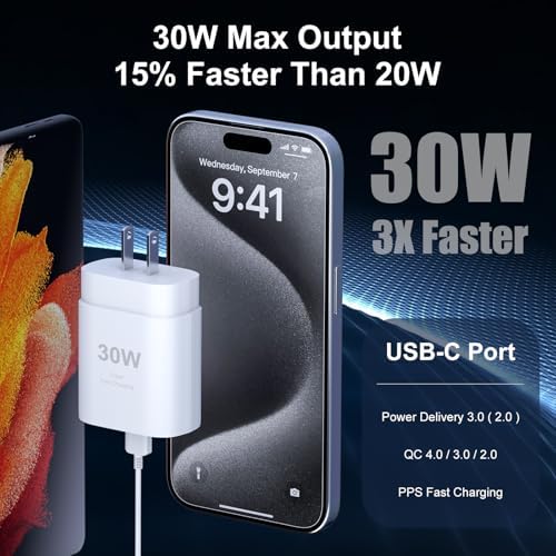 30 W USB-C Fast Charger with 10 FT Type C Cable – Ultimate Power Solution for i Phone 16/15 Pro Max, i Pad Pro/Mini/Air & Samsung Galaxy S24/S23/S22 Ultra – Compact, High-Speed Charging for On-the-Go Convenience and Versatile Compatibility