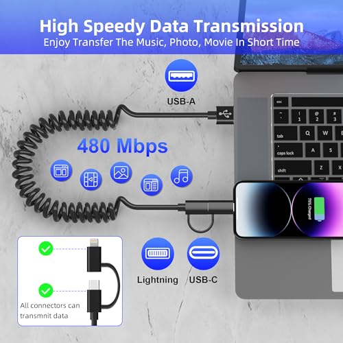 Versatile Coiled USB to USB-C & Lightning Cable Combo for i Phone and Android – MFi Certified Fast Charge & Data Sync up to 3 A – Tangle-Free Design for Apple Car Play & Android Auto Compatibility – Durable, High-Quality Charging Solution for Seamless Connectivity on the Go