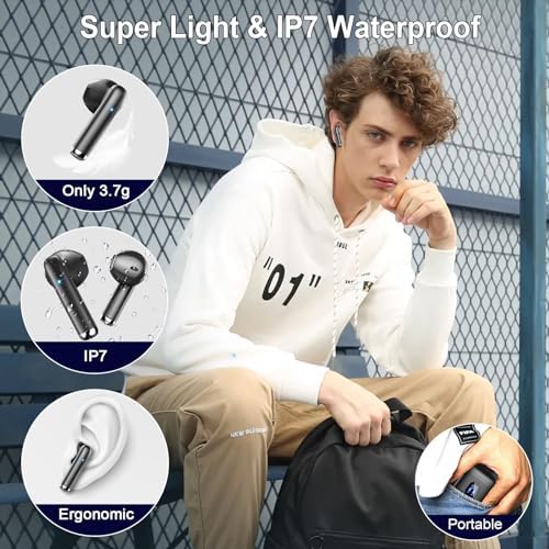 Advanced Bluetooth 5.3 Wireless Earbuds – Hi-Fi Stereo Sound for Ultimate Audio Experience, 4 ENC Mics for Superior Call Clarity, Featherlight 3 g Build for Unmatched Comfort, 30-Hour Playtime with Sleek USB-C Charging Case, IP7 Waterproof for All-Weather Durability, Seamlessly Compatible with Android & i OS – Ideal for Music Aficionados and On-the-Go Professionals