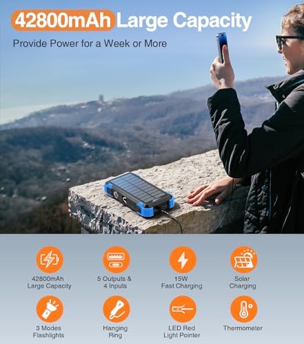 GOODaaa 42800 m Ah Portable Solar Power Bank with Built-in Cables and 15 W Fast Charging – Multi-Device Outdoor Charger with 5 Outputs, 3 Inputs, Emergency Flashlight and Durable Carabiner for Ultimate Convenience and Reliability