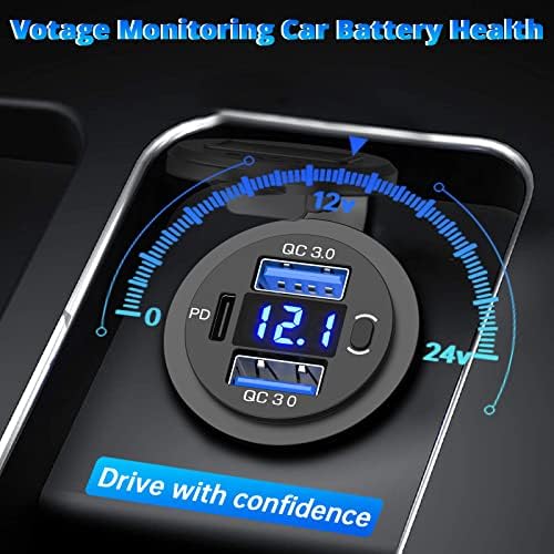 Qidoe 12 V USB Car Charger with Dual Quick Charge 3.0 Ports & 30 W USB-C PD Socket – Waterproof Multi-Device Charging Adapter for Cars, Boats, RVs, and Trucks with Integrated Voltmeter and Power Control Switch for Enhanced Durability and Performance