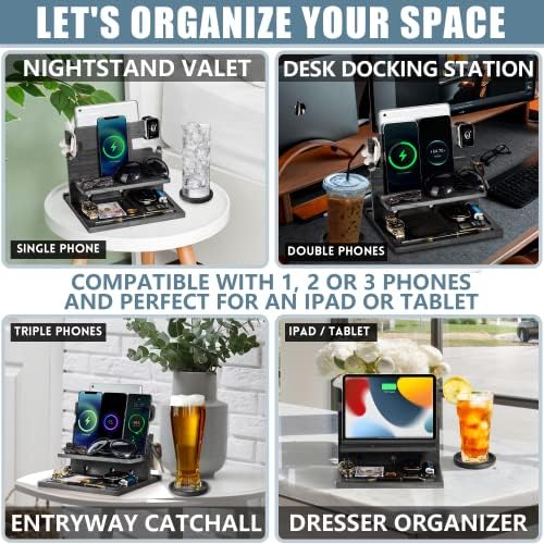 Premium Black Wood Multi-Device Docking Station – Sleek Nightstand Organizer with Hidden Drawer for Valuables, Ideal for Phones, Tablets, Apple Watch, Keys, and EDC Essentials – Streamlined Charging and Elegant Design for Home or Office