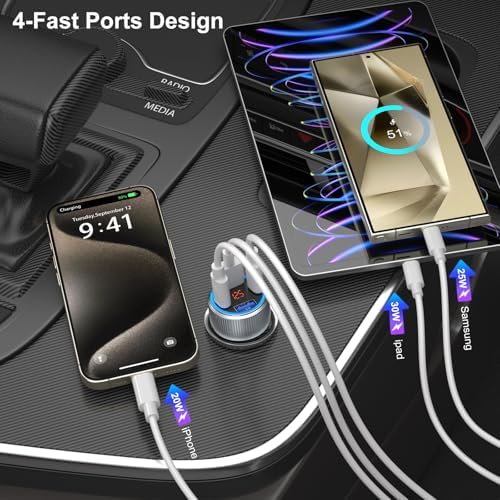 Ultimate 4-Port 65 W USB C Car Charger – Fast Charging Adapter with Voltmeter, QC & PD 3.0 Technology for i Phone 16/15/14/13/12 Pro Max, Galaxy S25/S24, and Android Devices – Reliable Power for On-the-Go Charging