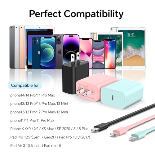 10 FT Lightning Cable 3-Pack – Premium Fast Charging Cord for i Phone 14/13/12/11/Xs Max/XR/X & Air Pods Pro – 20 W High-Speed Durable Charger in Pink, Green, Black – Ultimate Compatibility and Convenience for Everyday Use