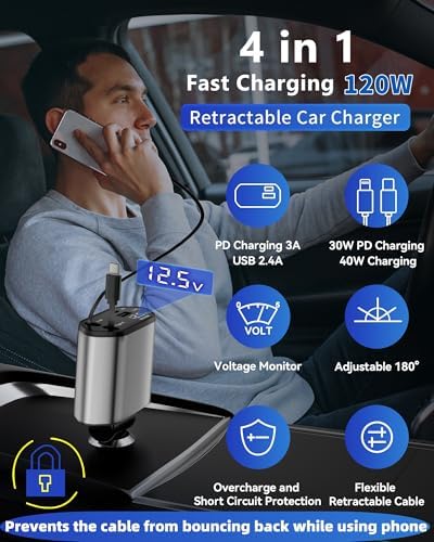 Universal Retractable Car Charger – 4-in-1 Fast Charging Solution for i Phone, Galaxy, Pixel – USB-C & USB-A Compatibility for Ultimate Convenience on the Go