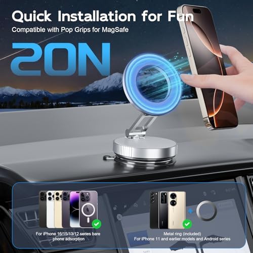 Magnetic Suction Cup Phone Mount for Magsafe, Foldable and 360° Retractable Hands-Free Vacuum Car Phone Holder for Car/Gym/Mirror/Smooth Surface, Compatible with iPhone Android, White – Enhanced Compatibility and Speed