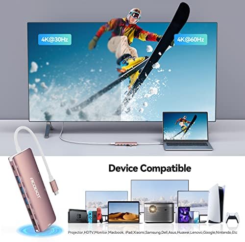 Acodot 9-in-1 USB C Hub: Ultimate 4 K HDMI Adapter with 3 USB 3.0 Ports, SD/TF Reader & 100 W Power Delivery – Stylish Purple Multiport Hub for Mac Book, HP, XPS & More – Boost Your Productivity with Seamless Connectivity and Fast Charging