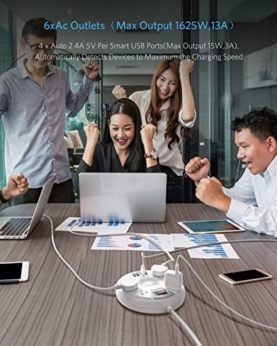 BESTEK Travel Power Strip – 6-Foot Extension Cord with 4 USB Ports & 6 Outlets, Surge Protector for Dorms, Bedside & Cruise Ships, 13 A 125 V, 220 Joules, Enhanced Charging Hub for All Devices, White
