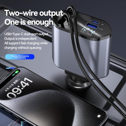 2025 Upgraded 4-in-1 Retractable Car Charger – Dual USB Ports with Fast Charging (Max 66 W) for i Phone 16/15/14/13/12 Pro Max & Samsung Galaxy Fold/S Series, Effortless Device Compatibility and Storage Solution