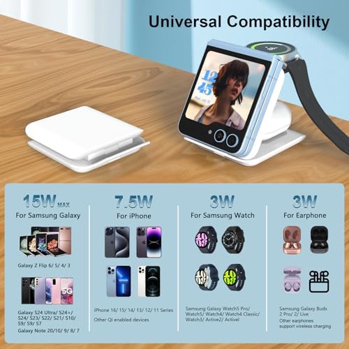 Portable 2-in-1 Fast Charging Station for Samsung Galaxy Z Flip Series – Foldable Wireless Charger with Enhanced Compatibility for Galaxy S, Note, and Watch – Ideal Travel Companion with Adapter Included – Sleek Black Design for Effortless Power on the Go