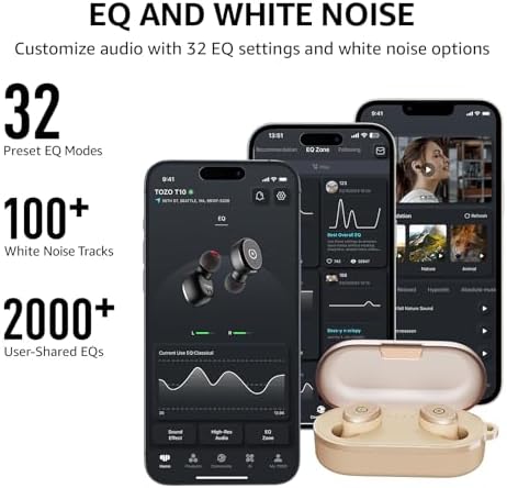TOZO T10 True Wireless Bluetooth 5.3 Earbuds – 45 Hours of Playtime, IPX8 Waterproof Stereo Headphones with Built-in Mic – Customizable Sound with 32 EQ Settings via App for Enhanced Audio Experience and Seamless Connectivity